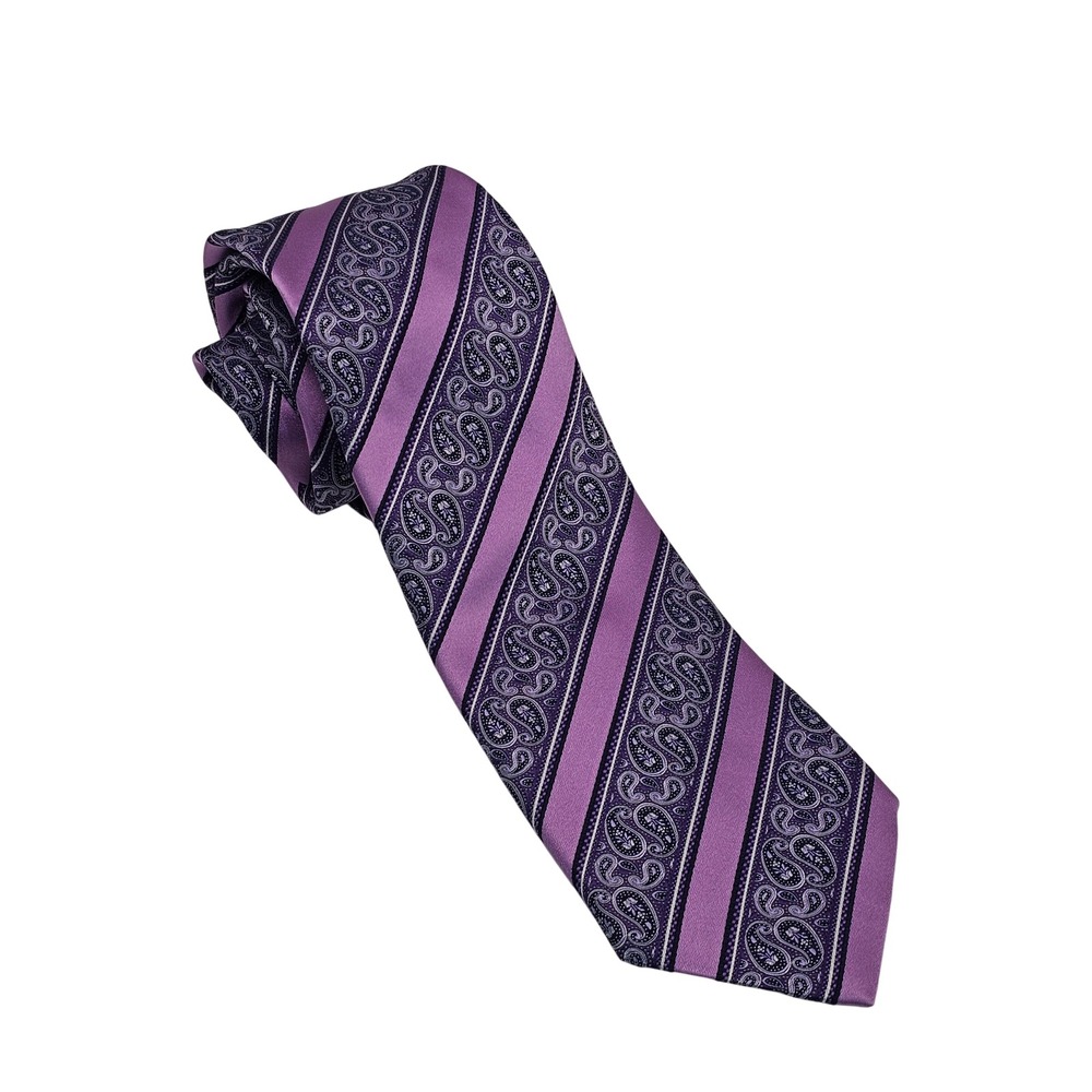 Ermenegildo Zegna Silk Tie Purple Paisley Striped Italian Luxury Designer Formal
